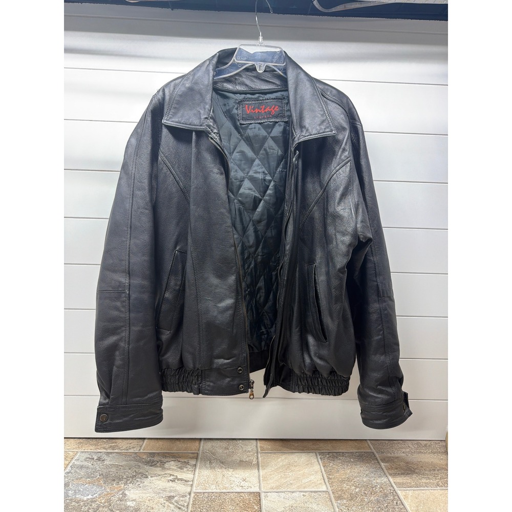 Vintage Leather Mens Black Bomber Jacket Large Genuine Leather Quilted Lined Zip